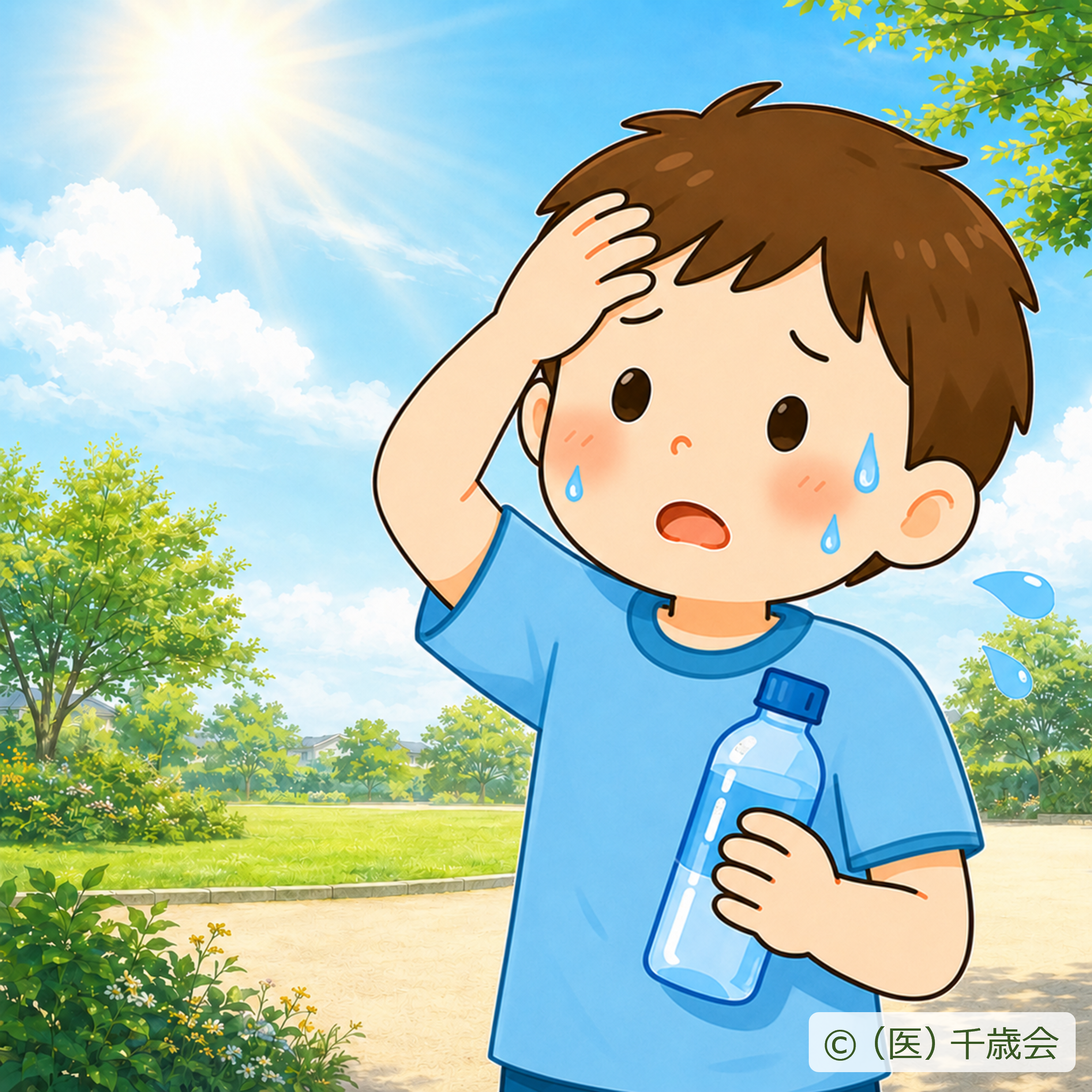 暑さで汗をかき、水分補給をしようとしている子どものイラスト